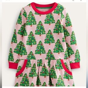 Mini Boden Pink and Green Christmas Tree Cosy Printed Sweatshirt Dress 12-18 Mo.